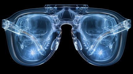 X-ray scan of a pair of sunglasses, highlighting the lenses and frames. - obrazy, fototapety, plakaty
