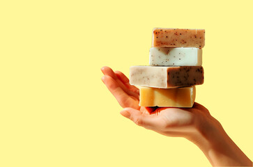 Woman holding soap bar with her hand on a yellow background with copy space