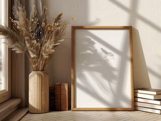 Empty white canvas mockup with books, decor on a wooden table next to a window.  