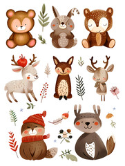 Cute woodland animals set isolated on a white background. vector. 