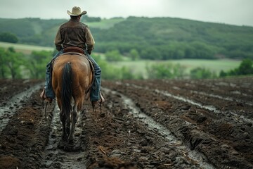 A cowboy in a hat is seen riding a horse along a muddy track with rolling hills in the background, showcasing rural farm life