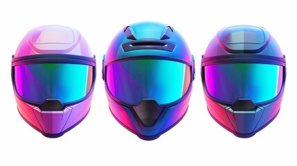 Three dimensional illustrations of retro colored helmets with visors and black glasses in angle views isolated on white.