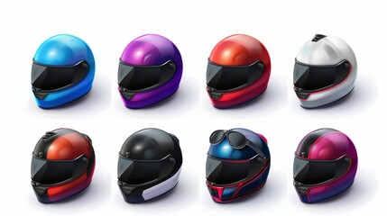 Illustrations of 3D retro color motorcycle helmets with visors and black glasses isolated on white background for moto races and scooter rides.
