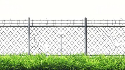 Rabitz, perimeter protection segments separated with poles, Realistic 3D modern illustration. Metal chain link mesh, barrier on white background.