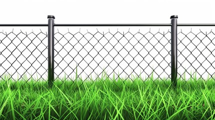 Fence with gates in green grass. Metal chain link mesh. Barrier isolated on white background. Rabitz, perimeter protection segments separated by poles, realistic 3d modern illustration.