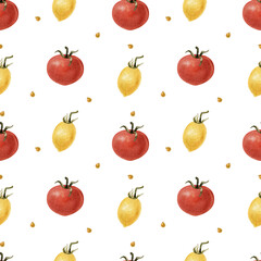 Watercolor vegetables seamless pattern. Fresh healthy food background. Yellow and red tomatoes. Agriculture, local farmers market, diet, organic cooking illustration, print for textile