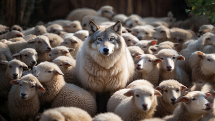 wolf in sheep's clothing among sheep is not suspicious, concept of deception and hypocrisy, Film grain effect