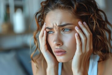 Obraz premium A beautiful young woman with a tense expression and hands on her head, indicating a headache or stress