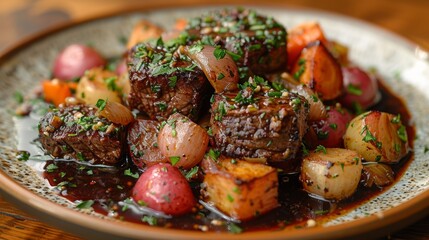 Fototapeta premium Highlight the richness and complexity of flavors in a plate of beef bourguignon, featuring tender beef stewed in red wine