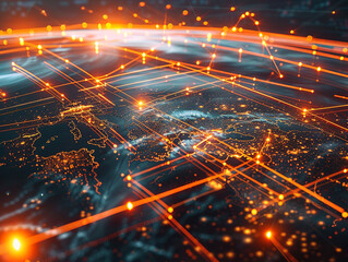 Global technology network. Orange line lights as a symbol of travel and data transfer speed, internet and telecommunications.