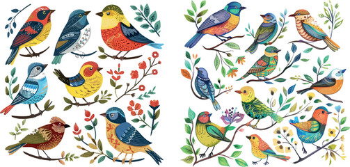 Hand drawn birds. Colored birds with floral patterns