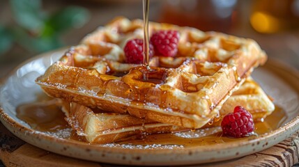 Obraz premium Get close-up shots of a plate of fluffy Belgian waffles, featuring crisp edges, tender interior, and a drizzle of maple
