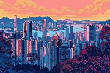 Illustration of Hong Kong City with vibrant colors - obrazy, fototapety, plakaty