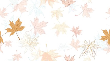 Minimalist seamless pattern abstract background of maple leafe flowing by wind with outline leaves pastel color on white background