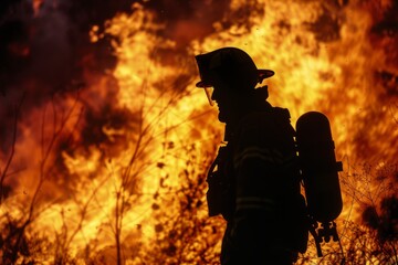 A silhouette of a firefighter, equipped with helmet and gear, valiantly fighting a vast and intense wildfire. The scene captures the heroism and danger faced by fire service personnel. - obrazy, fototapety, plakaty