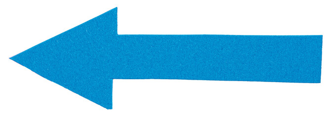 Isolated cut out blue paper cardboard arrow direction sign with texture and copy space for text on white or transparent background
