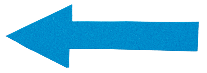 Isolated cut out blue paper cardboard arrow direction sign with texture and copy space for text on white or transparent background
