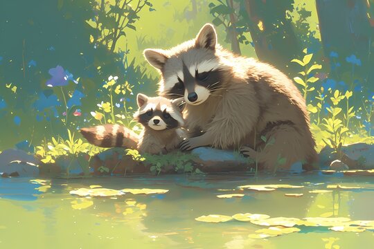 cartoon of a cute pair of raccoons in the park