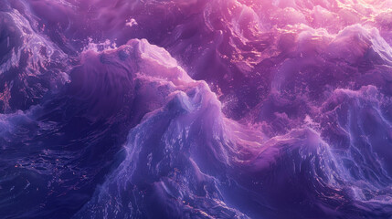 A purple ocean with waves crashing against the shore