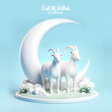 Happy Eid al-Adha. 3d image of a cute sheep and crescent moon welcoming the Eid al-Adha holiday
