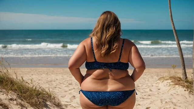 Fat woman in a swimsuit on the beach