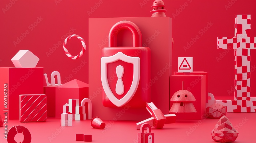 Poster with a red padlock, shield, cross sign and exclamation points, this 3d render illustration is a secu