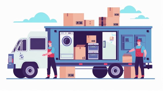movers loading truck with appliances and boxes clip art preview