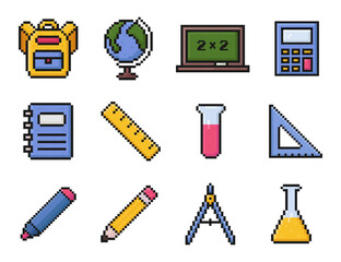 school supplies pixel art icon set, education items, back to school, 8 bit, 80s, 90s, arcade game items, backpack, globe, chalkboard, calculator, notebook, ruler, flask, triangle, marker, pencil
