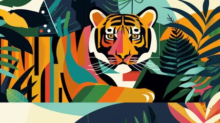 Colorful geometric illustration of a regal tiger amidst vibrant jungle foliage