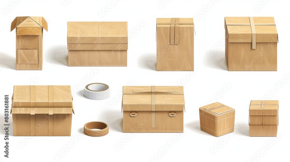 Poster boxes with tape and labels for fragile cargo isolated on white background, 3d render. computer gener