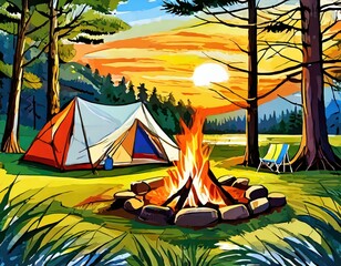 Obraz premium landscape view of a large campfire next to a family camping tent. Next to a lake, surrounded by a green forest, at sunset