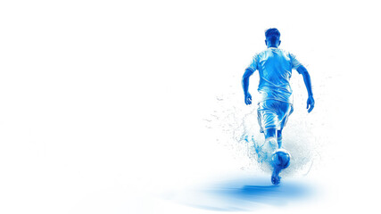 Blue watercolor painting of soccer player in action view from back