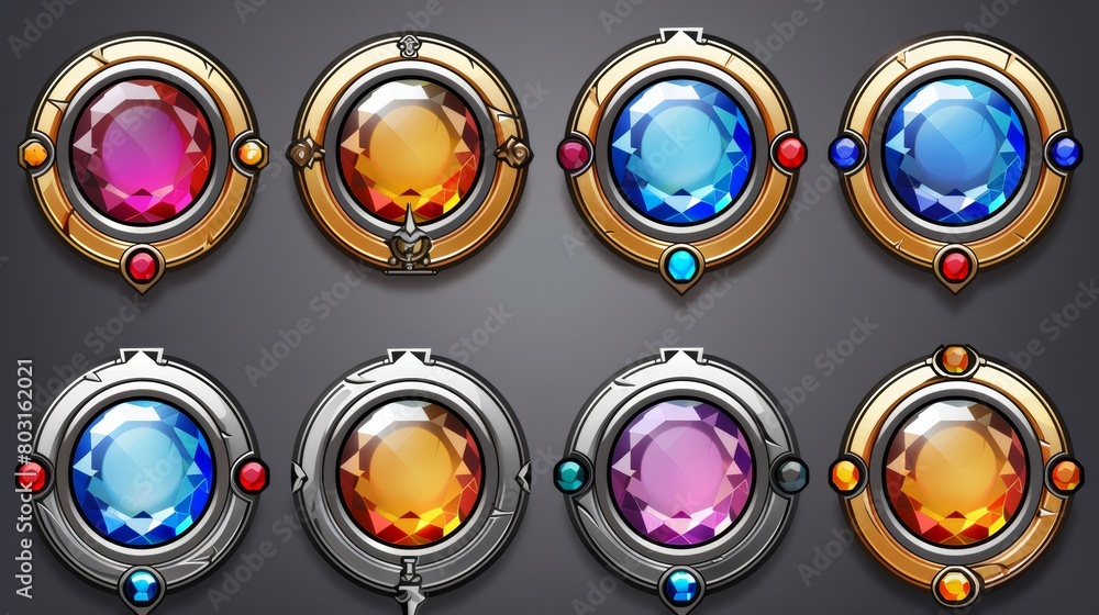 Poster intense circular design with gold and silver frames for ui elements of games. modern cartoon set of 