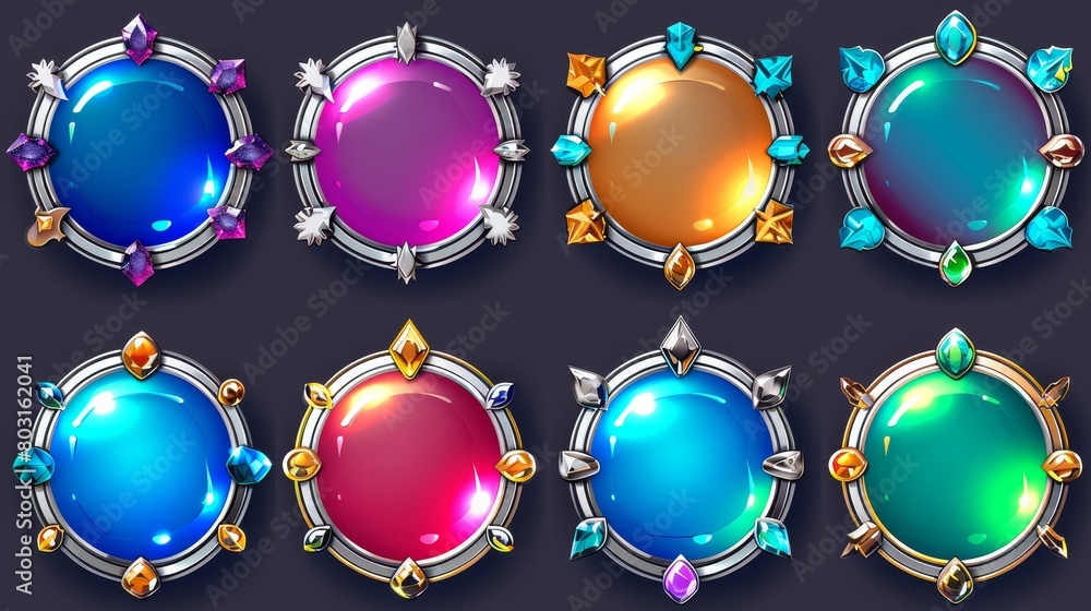 Poster silver and gold empty circle frames for game ui design. cartoon set with metal border and gems isola