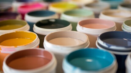 A close-up of various colored paint buckets.