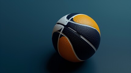 Basketball ball with white, yellow and blue coloring on a dark blue background.