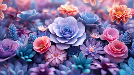 Colorful flowers and succulents are spread all over the place, soft candy colors, colors lavender,generative ai