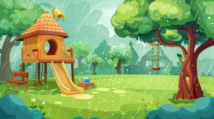 Kids playground on green lawn, hut and sandbox in the summertime. Cartoon illustration of a garden, park, or home backyard with wooden hut, sandbox, and toys for children.