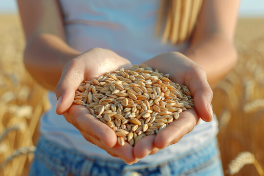  Wheat grains in the hands of women for Jewish holiday Shavuot, for Harvest. - Powered by Adobe