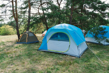 Several tents of color hues are set up on a grassy area surrounded by forest trees, suggesting a group of campers have settled here for a summer getaway.