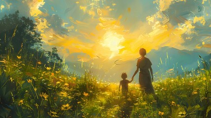 A peaceful landscape painting featuring a mother and child walking hand in hand