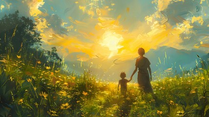 Fototapeta premium A peaceful landscape painting featuring a mother and child walking hand in hand