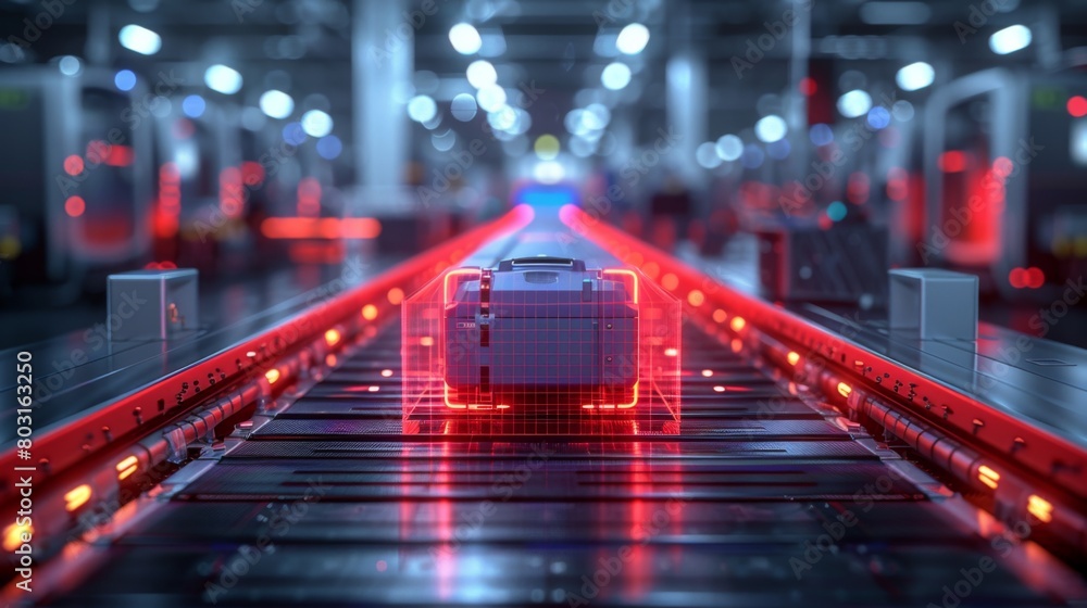 Poster a dynamic 3d animation illustrating the operation of a state-of-the-art baggage inspection system, e