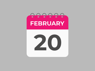 February 20 calendar reminder. 20 February daily calendar icon template. Calendar 20 February icon Design template. Vector illustration
