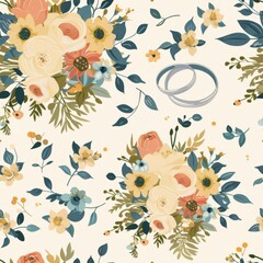Simple Seamless Wedding Themed Pattern with Bridal Bouquets and Rings

