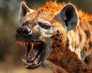 Craft a 3D CG rendering of a hyenas muzzle in extreme close-up, highlighting the texture of its fur and the raw power in its jawline with photorealistic precision