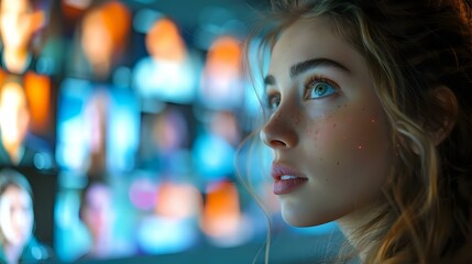 Obraz premium Virtual Workplace Interaction: Woman Gazing at Digital Conference Screens