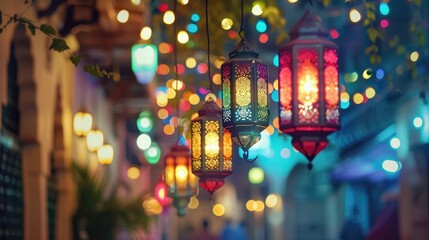 Colorful Ramadan lanterns and lights in street. Festive greeting card for the holy month of fasting and celebration.