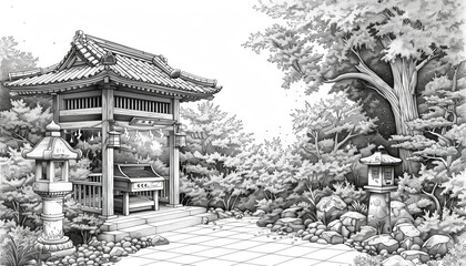Craft a detailed pen and ink masterpiece of a serene Yakitori garden setting, focusing on intricate details of the grill, lanterns, and tranquil surroundings for a timeless appeal