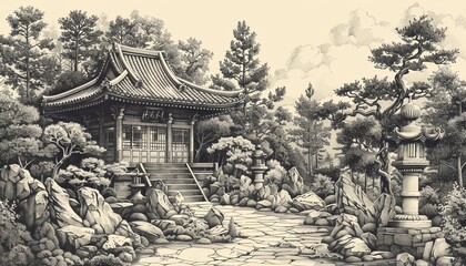 Craft a detailed pen and ink masterpiece of a serene Yakitori garden setting, focusing on intricate details of the grill, lanterns, and tranquil surroundings for a timeless appeal